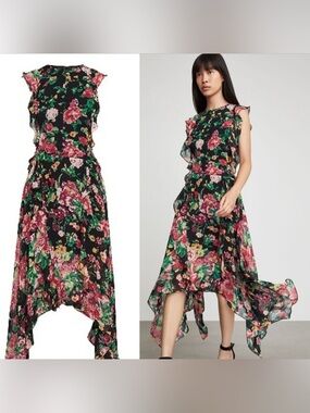 BCBGMAXAZRIA Black Floral Ruffled Asymmetrical Midi Cocktail Dress Size 2